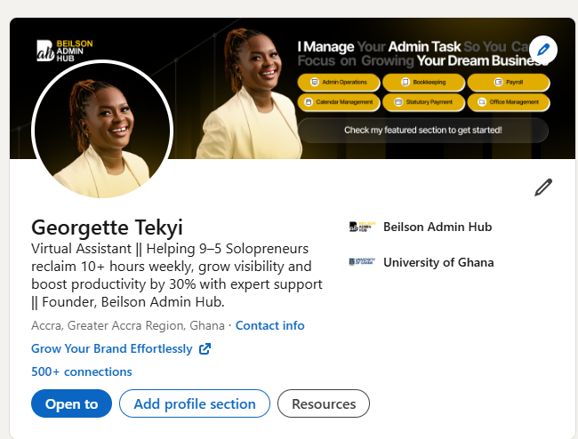 After — LinkedIn profile after The Precious Touch